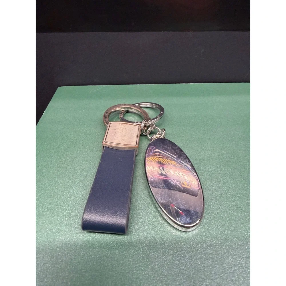 Land Rover Navy Blue Leather Loop and Oval Enamel Logo Keychain Silver Hardware